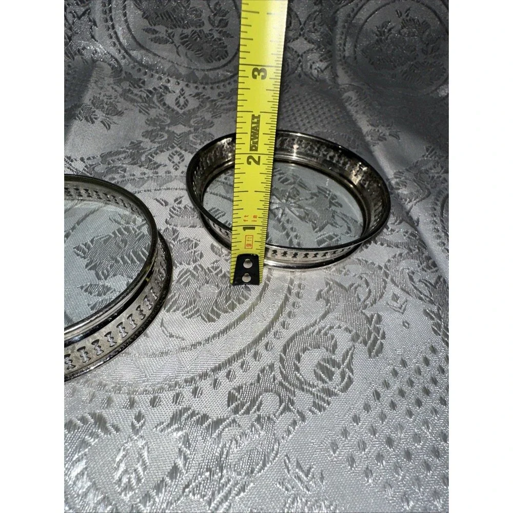 VINTAGE COASTERS WITH PIERCED METAL GALLERY & STAR-CUT GLASS BOTTOM SET OF 2